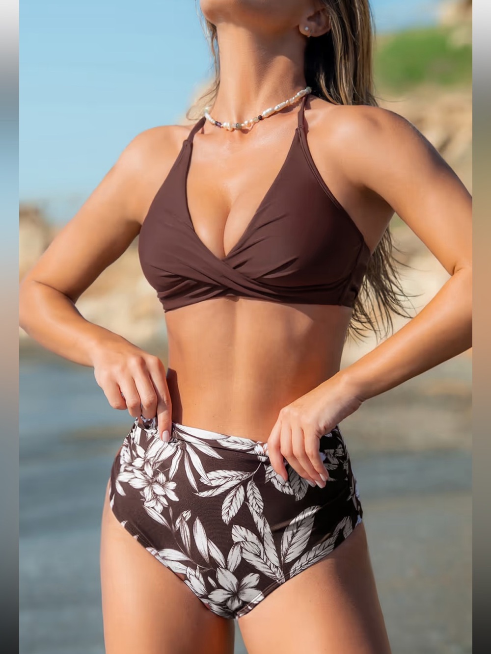 NWT CupShe Brown Halter Wrapped Bikini Top & Floral High-Waisted Bottoms Set M&L